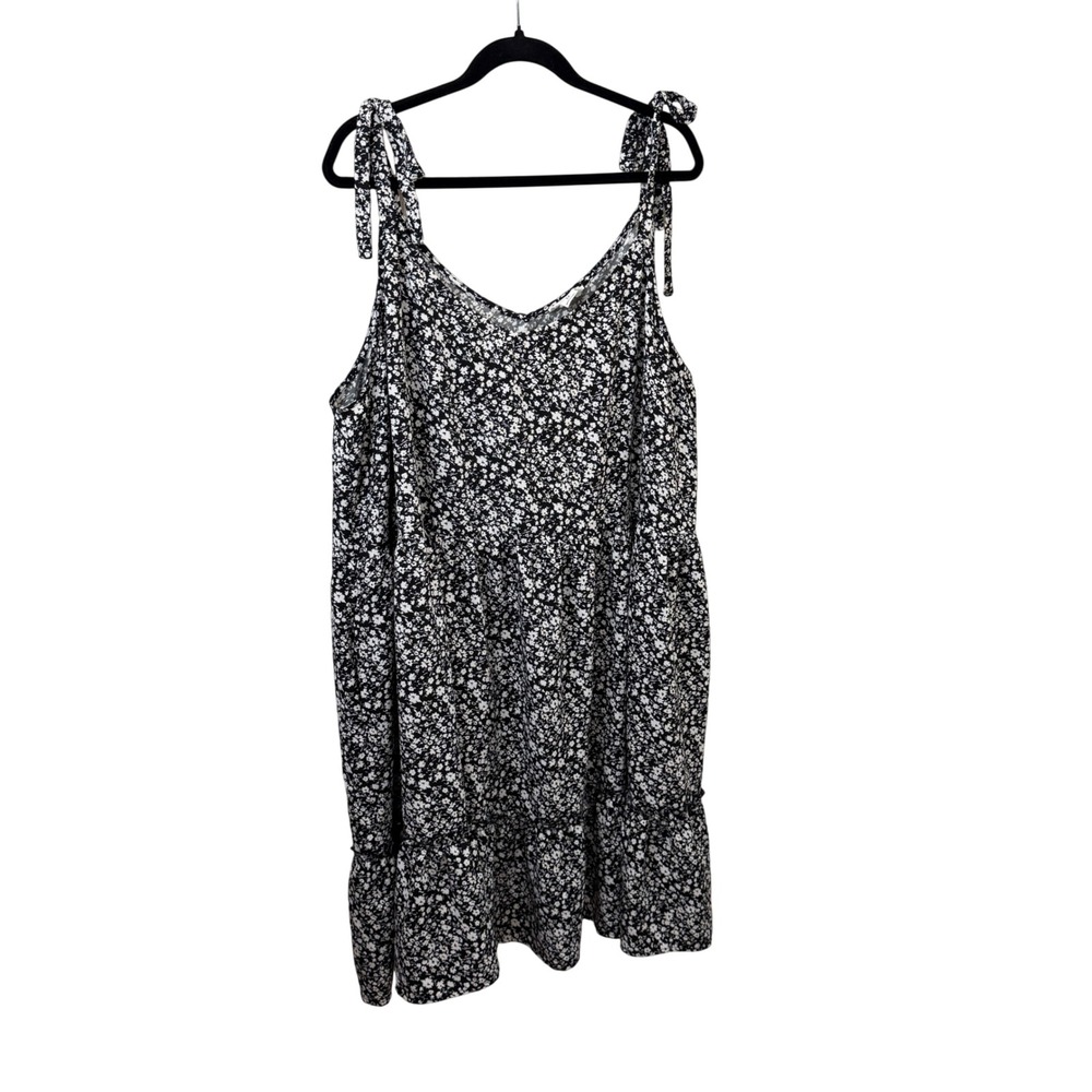 Chic Soul Womens 3X Black White Floral Tie Shoulder Tiered Ruffle Mini Dress
